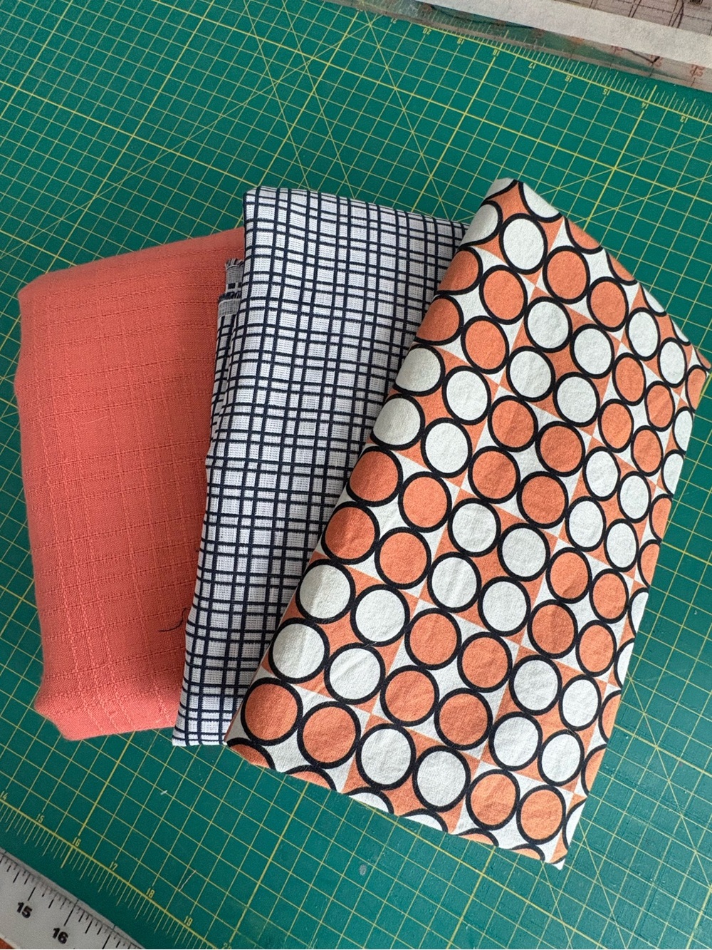 Bundle of Three Fabric Pieces in Coral and White Pattern